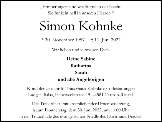 Traueranzeige von Simon Kohnke 