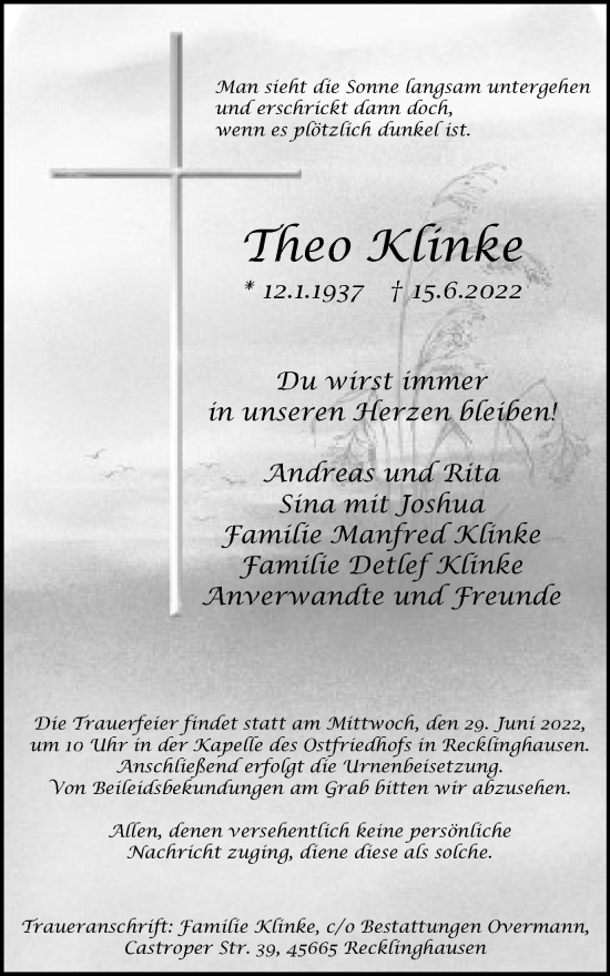 Traueranzeige von Theo Klinke von Medienhaus Bauer