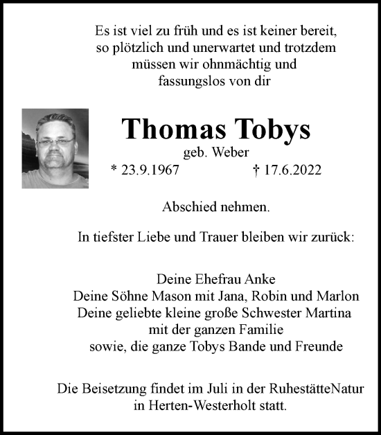 Traueranzeige von Thomas Tobys von Medienhaus Bauer