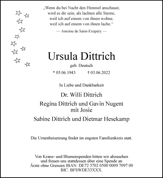 Traueranzeige von Ursula Dittrich von Ruhr Nachrichten und Dorstener Zeitung