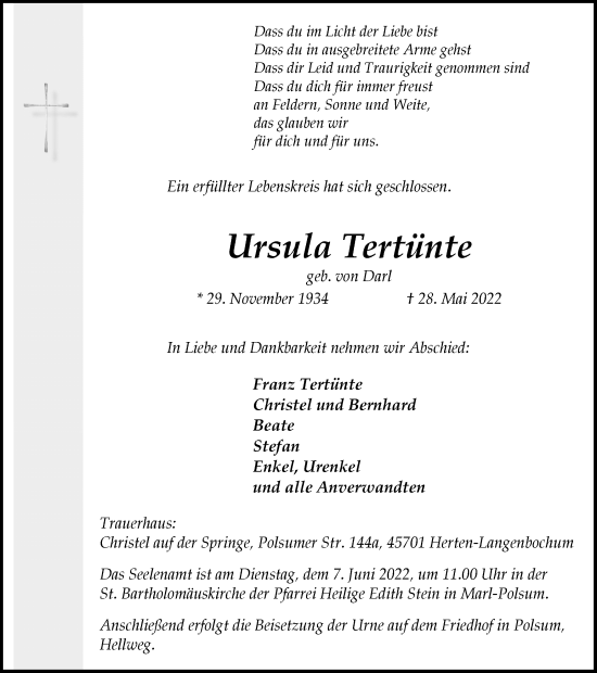 Traueranzeige von Ursula Tertünte von Medienhaus Bauer