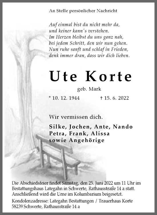 Traueranzeige von Ute Korte von Ruhr Nachrichten