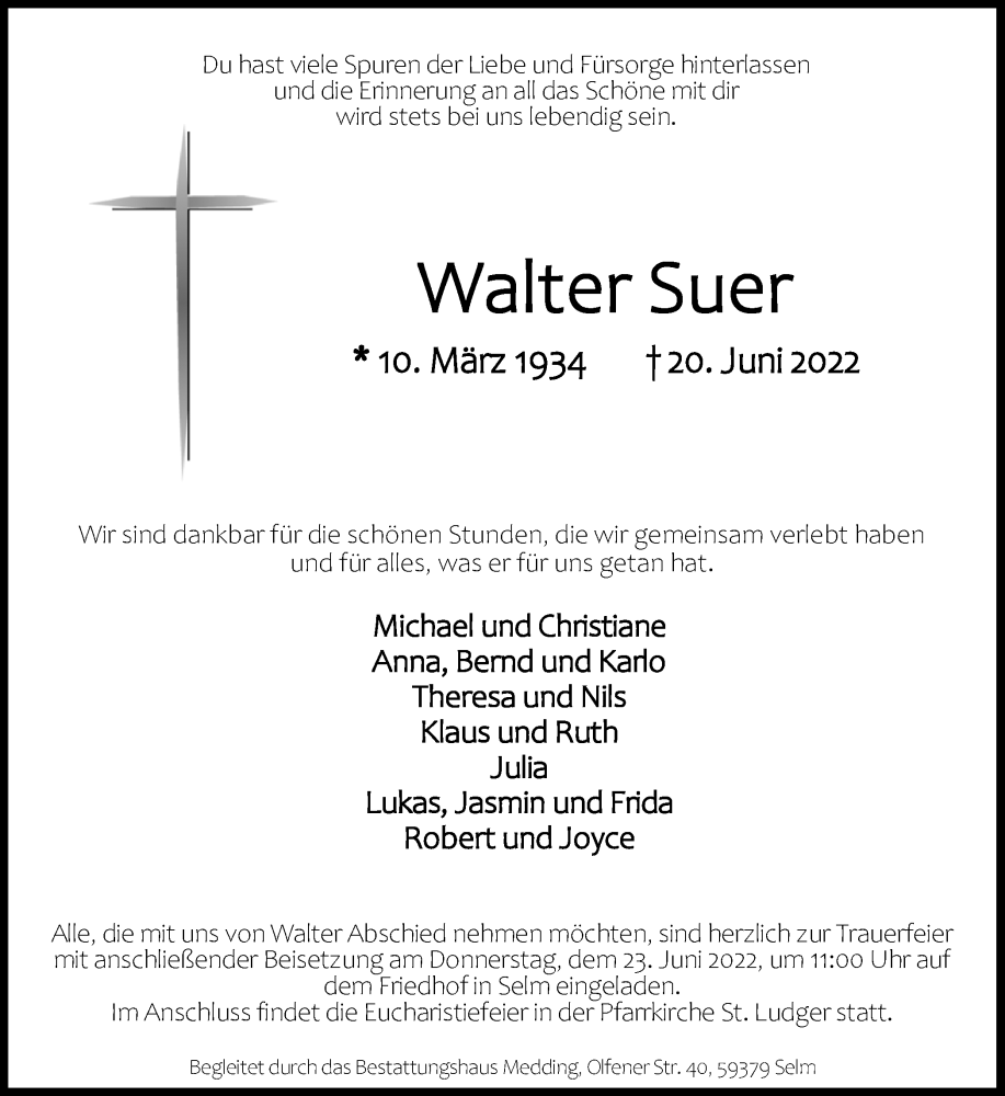  Traueranzeige für Walter Suer vom 21.06.2022 aus Ruhr Nachrichten