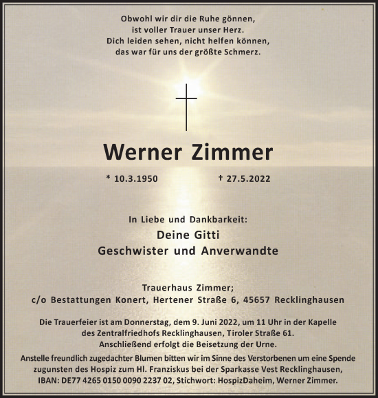 Traueranzeige von Werner Zimmer von Medienhaus Bauer
