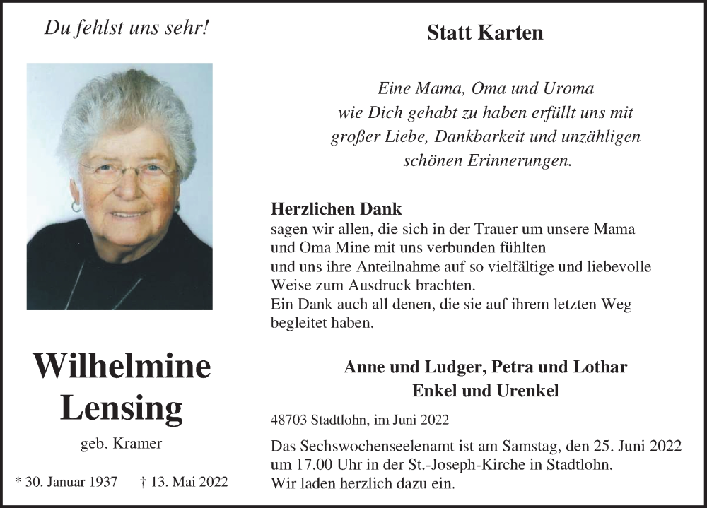  Traueranzeige für Wilhelmine Lensing vom 22.06.2022 aus Münstersche Zeitung und Münsterland Zeitung