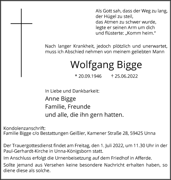 Traueranzeige von Wolfgang Bigge von Hellweger Anzeiger