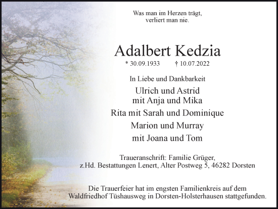 Traueranzeige von Adalbert Kedzia von Ruhr Nachrichten und Dorstener Zeitung