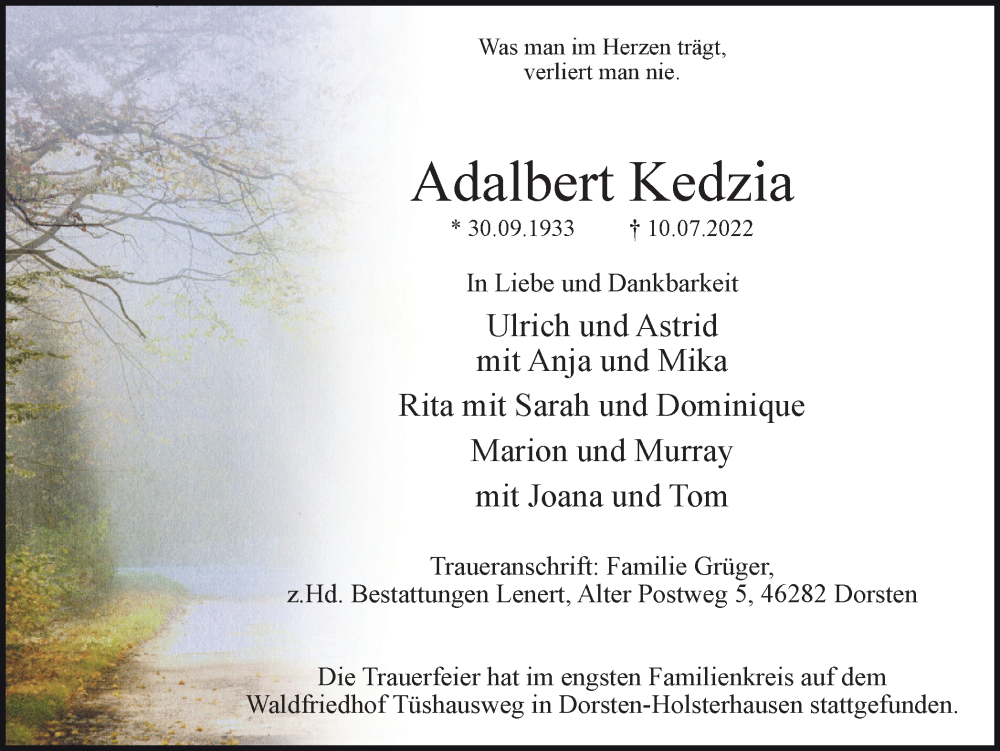  Traueranzeige für Adalbert Kedzia vom 20.07.2022 aus Ruhr Nachrichten und Dorstener Zeitung