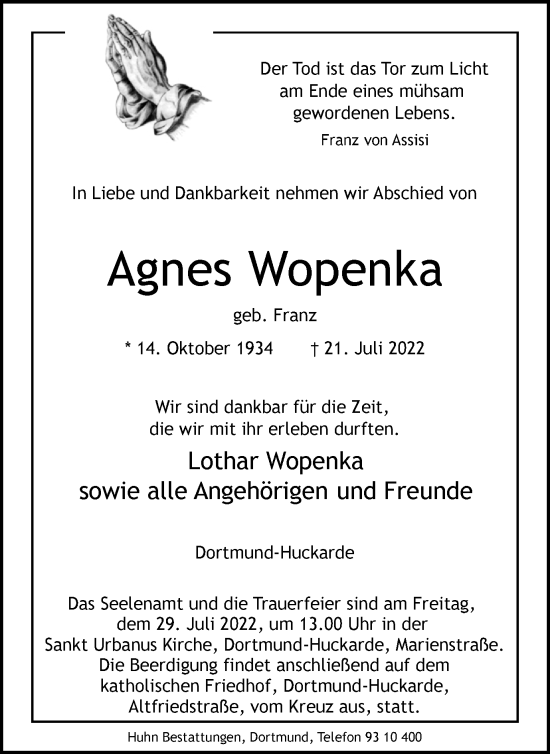 Traueranzeige von Agnes Wopenka 