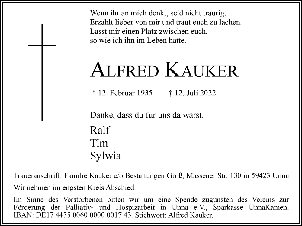  Traueranzeige für Alfred Kauker vom 20.07.2022 aus Hellweger Anzeiger