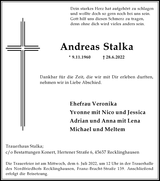 Traueranzeige von Andreas Stalka von Medienhaus Bauer