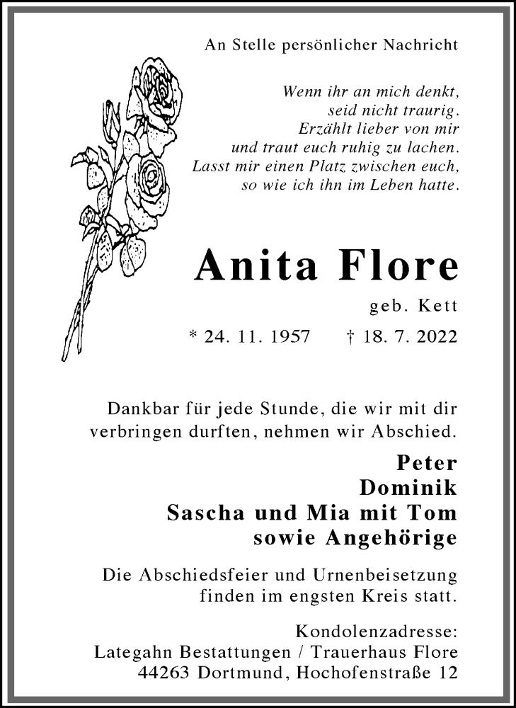  Traueranzeige für Anita Flore vom 23.07.2022 aus 