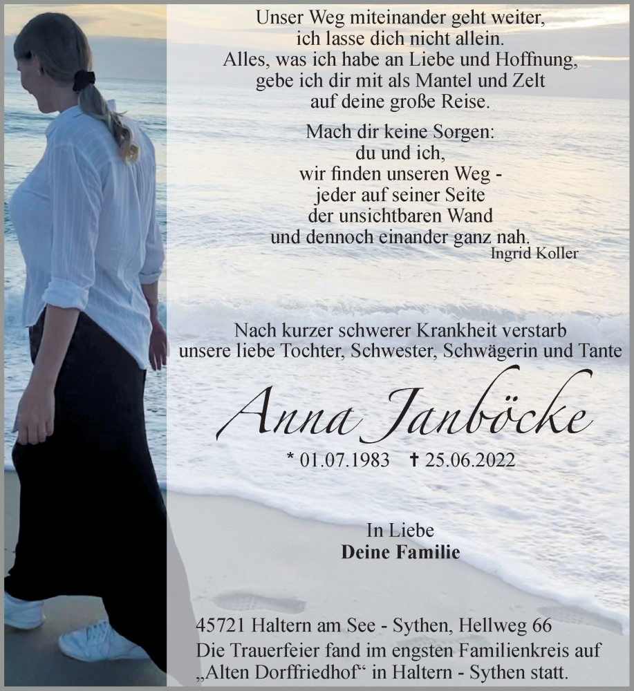  Traueranzeige für Anna Janböcke vom 09.07.2022 aus Ruhr Nachrichten und Halterner Zeitung