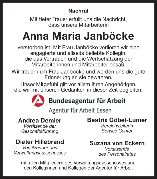 Traueranzeige von Anna Maria Janböcke von Ruhr Nachrichten und Halterner Zeitung