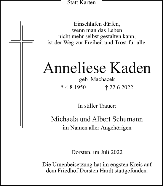 Traueranzeige von Anneliese Kaden von Ruhr Nachrichten und Dorstener Zeitung