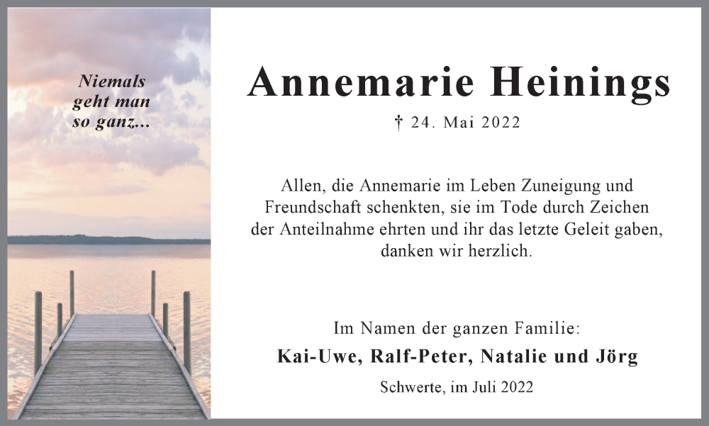  Traueranzeige für Annemarie Heinings vom 09.07.2022 aus Ruhr Nachrichten