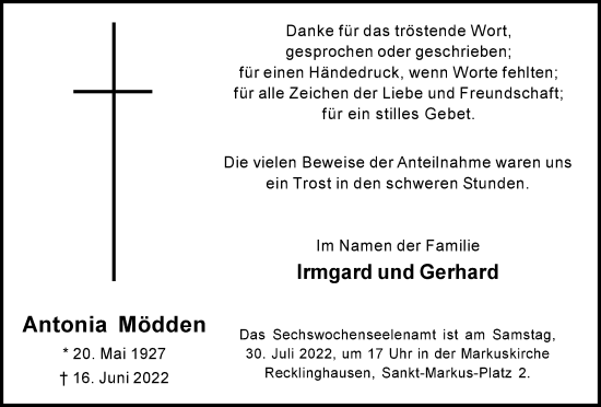 Traueranzeige von Antonia Mödden von Medienhaus Bauer