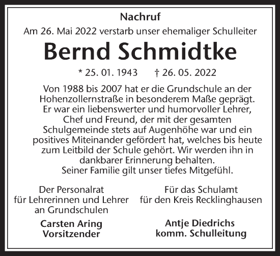 Traueranzeige von Bernd Schmidtke von Medienhaus Bauer