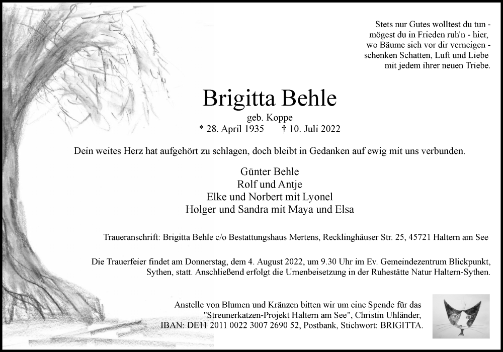  Traueranzeige für Brigitta Behle vom 30.07.2022 aus Ruhr Nachrichten und Halterner Zeitung