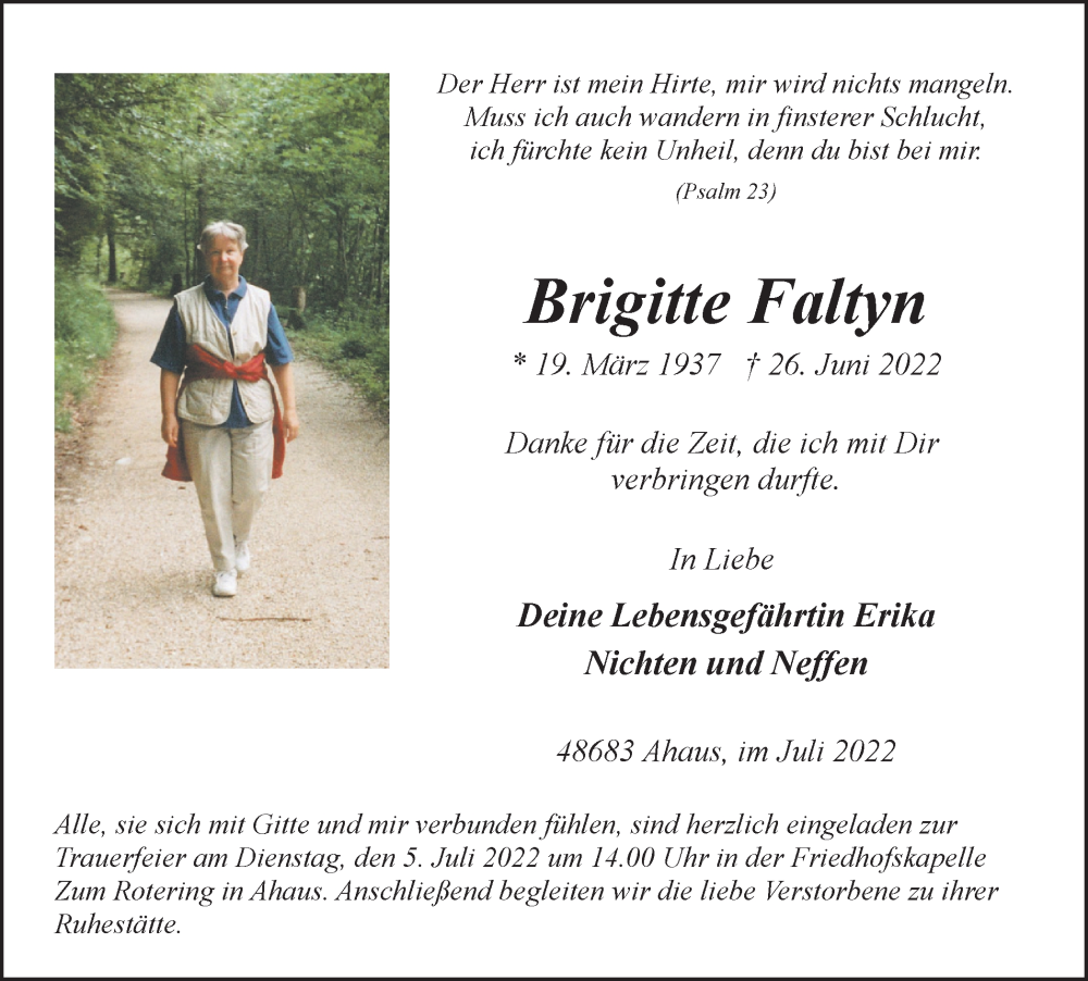  Traueranzeige für Brigitte Faltyn vom 02.07.2022 aus Münstersche Zeitung und Münsterland Zeitung