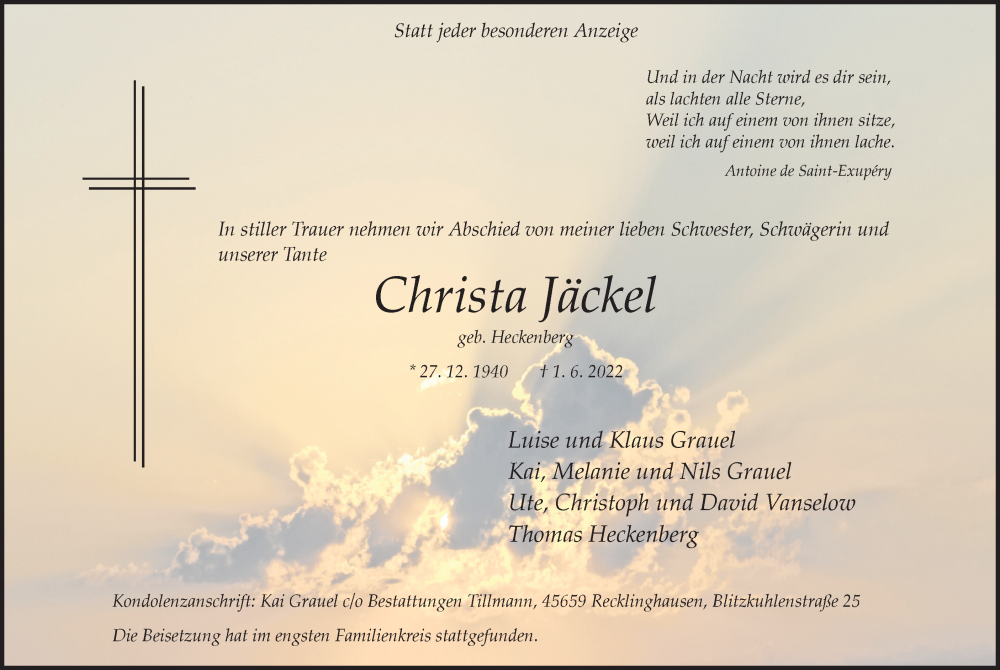  Traueranzeige für Christa Jäckel vom 09.07.2022 aus Medienhaus Bauer
