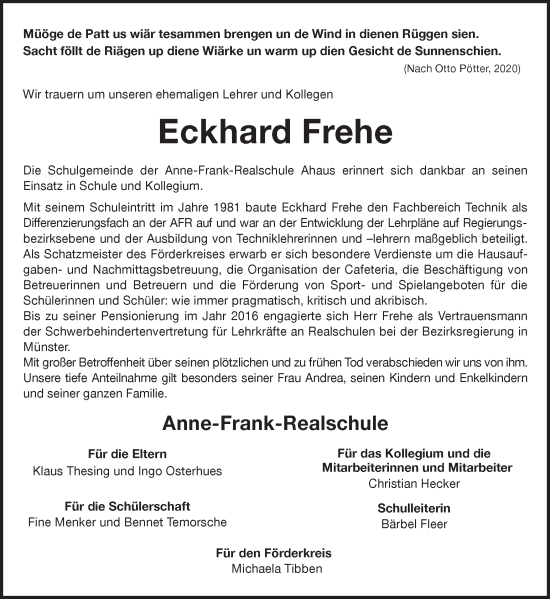 Traueranzeige von Eckhard Frehe von Münstersche Zeitung und Münsterland Zeitung