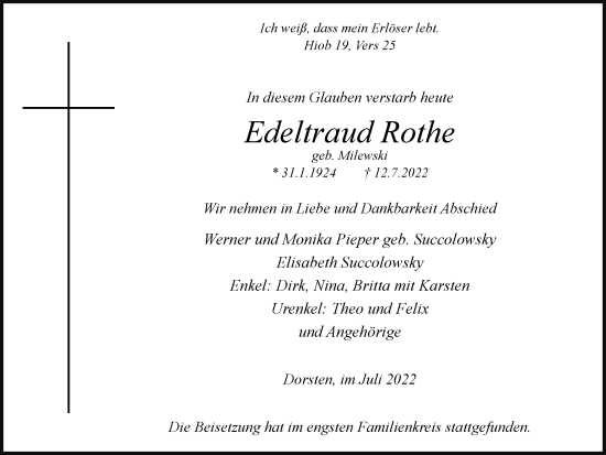 Traueranzeige von Edeltraud Rothe von Ruhr Nachrichten und Dorstener Zeitung