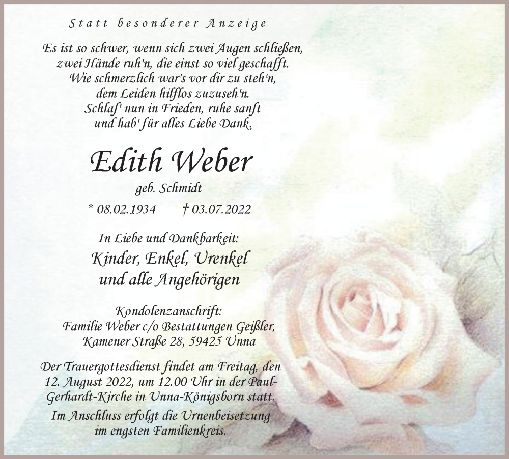  Traueranzeige für Edith Weber  vom 29.07.2022 aus Hellweger Anzeiger