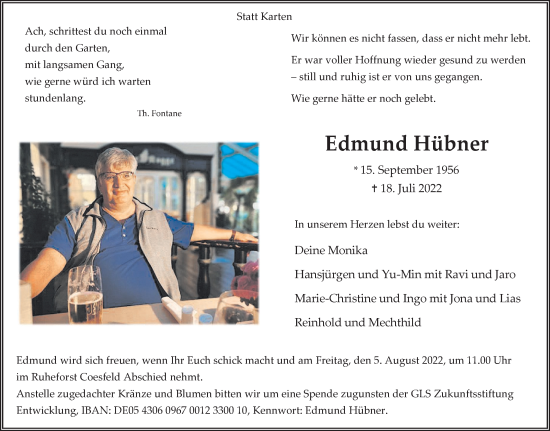 Traueranzeige von Edmund Hübner von Münstersche Zeitung und Münsterland Zeitung