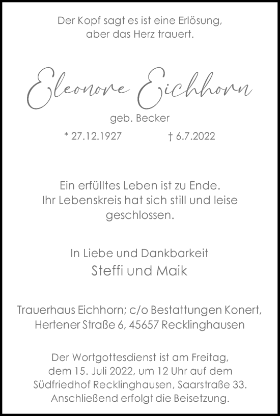 Traueranzeige von Eleonore Eichhorn von Medienhaus Bauer