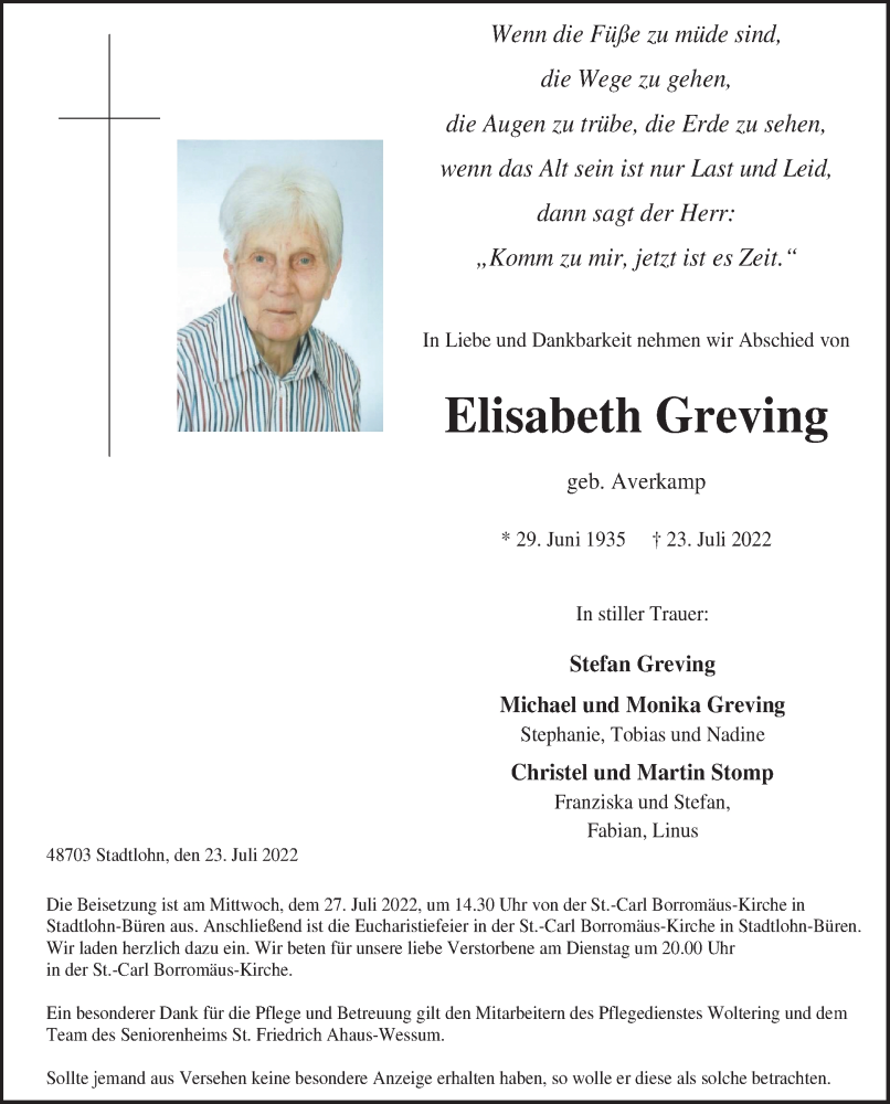 Traueranzeigen von Elisabeth Greving | sich-erinnern.de