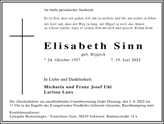 Traueranzeige von Elisabeth Sinn 