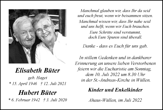 Traueranzeige von Elisabeth und Hubert Büter von Münstersche Zeitung und Münsterland Zeitung