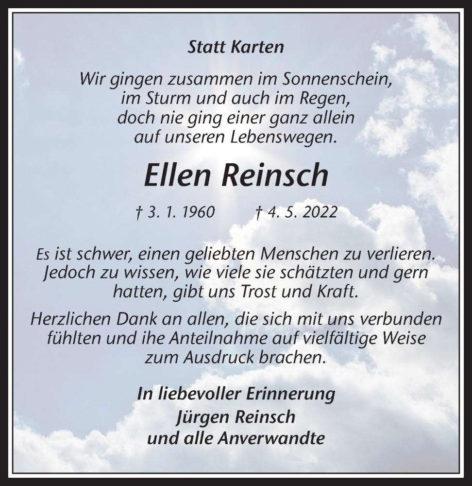  Traueranzeige für Ellen Reinsch vom 09.07.2022 aus Medienhaus Bauer