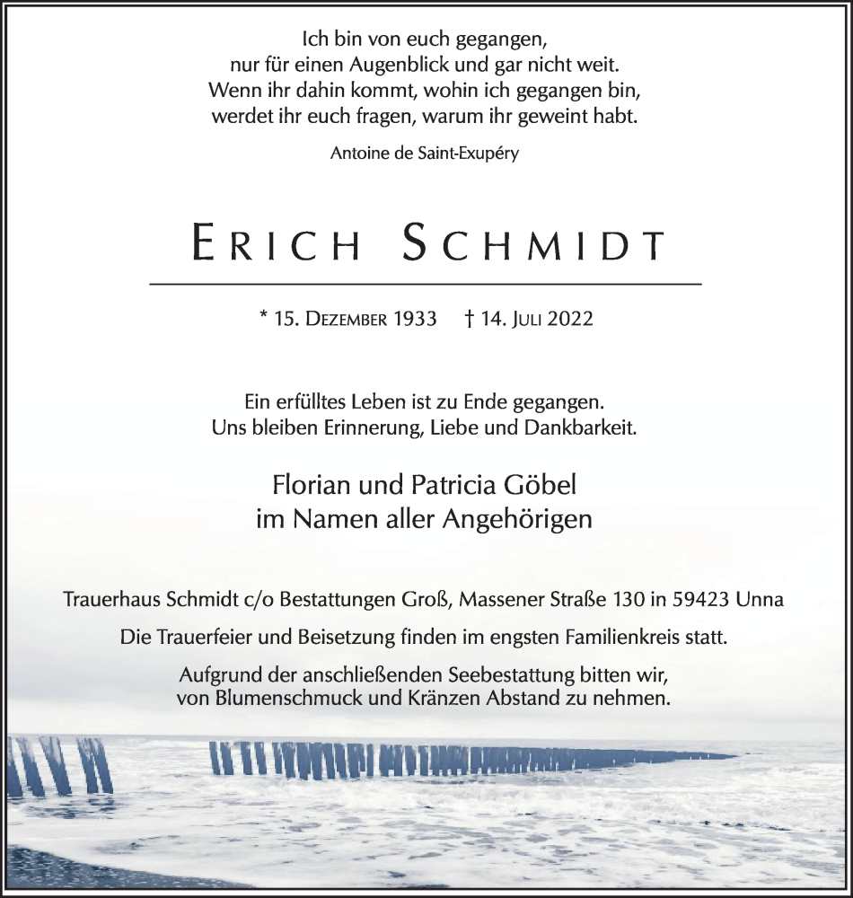  Traueranzeige für Erich Schmidt vom 23.07.2022 aus Hellweger Anzeiger