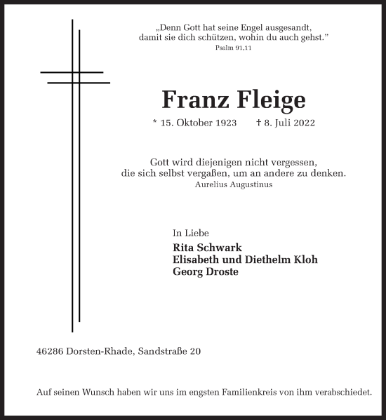 Traueranzeige von Franz Fleige von Ruhr Nachrichten und Dorstener Zeitung