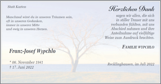 Traueranzeige von Franz-Josef Wypchlo von Medienhaus Bauer