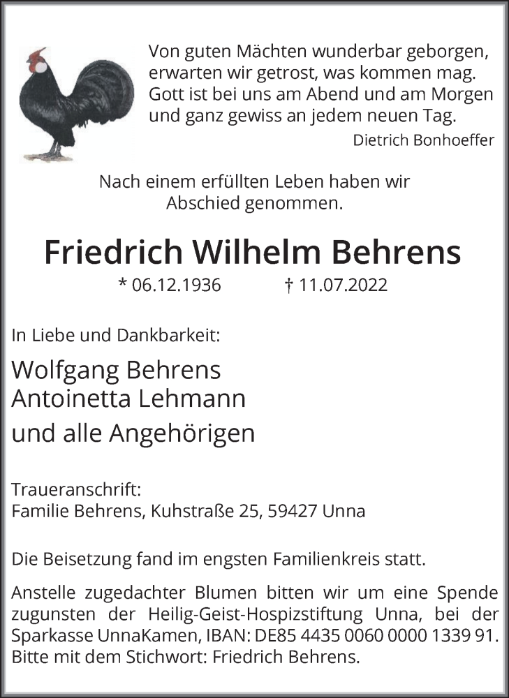  Traueranzeige für Friedrich Wilhelm Behrens vom 23.07.2022 aus Hellweger Anzeiger