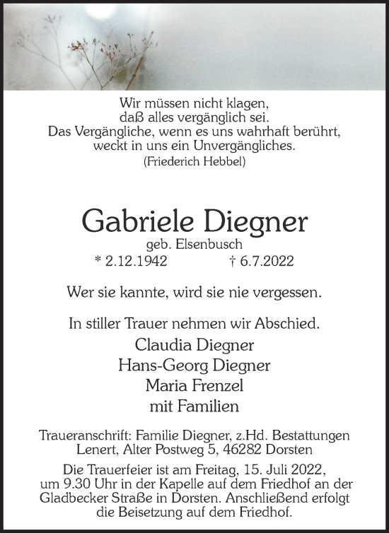 Traueranzeige von Gabriele Diegner von Ruhr Nachrichten und Dorstener Zeitung