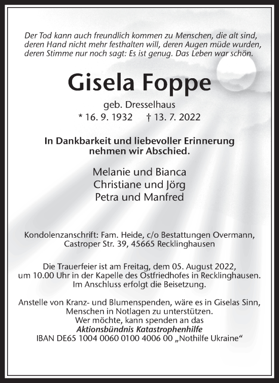 Traueranzeige von Gisela Foppe von Medienhaus Bauer