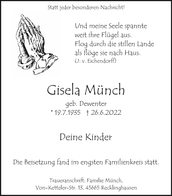 Traueranzeige von Gisela Münch von Medienhaus Bauer