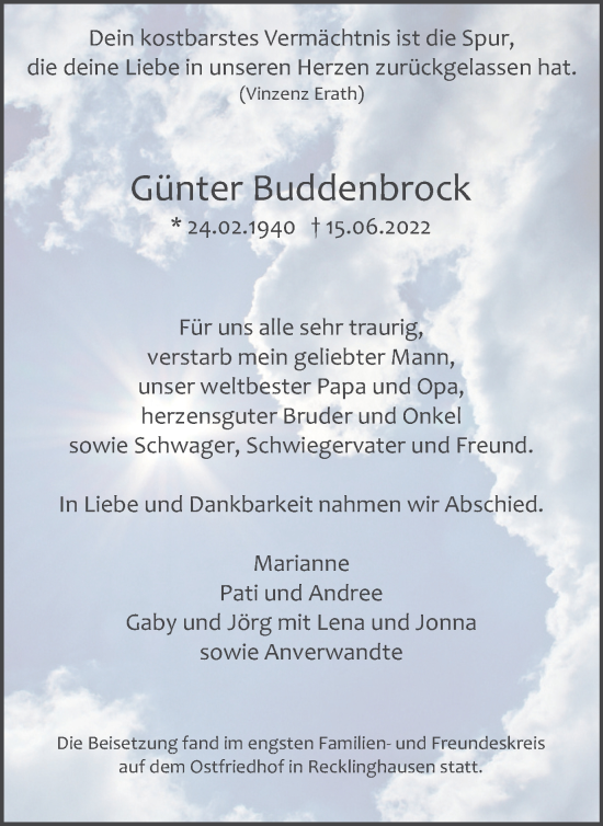 Traueranzeige von Günter Buddenbrock von Medienhaus Bauer