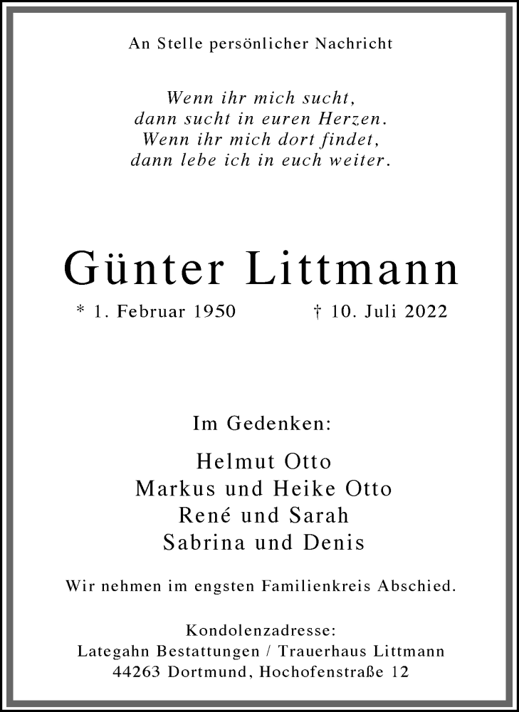  Traueranzeige für Günter Littmann vom 16.07.2022 aus 