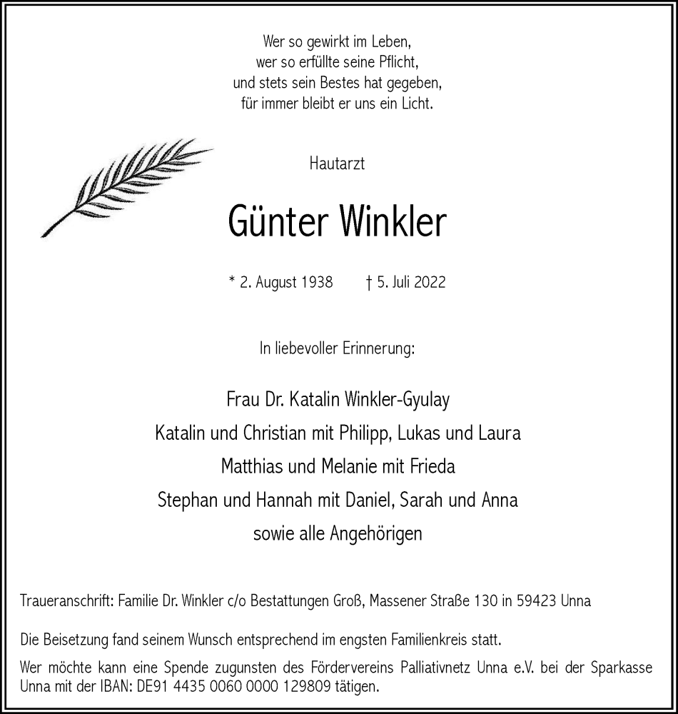  Traueranzeige für Günter Winkler vom 16.07.2022 aus Hellweger Anzeiger