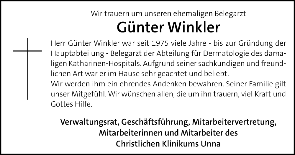  Traueranzeige für Günter Winkler vom 30.07.2022 aus Hellweger Anzeiger