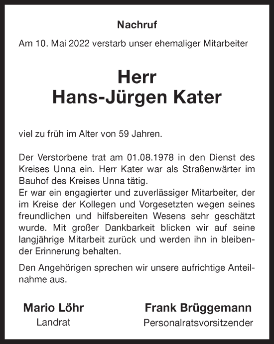 Traueranzeige von Hans-Jürgen Kater von Hellweger Anzeiger