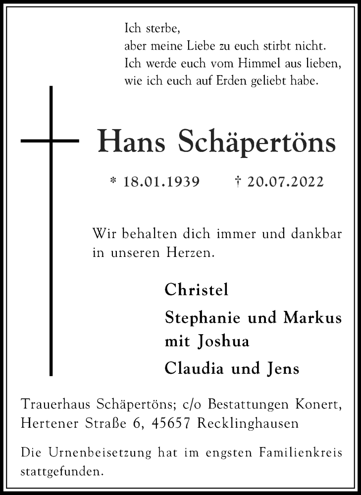  Traueranzeige für Hans Schäpertöns vom 30.07.2022 aus Medienhaus Bauer