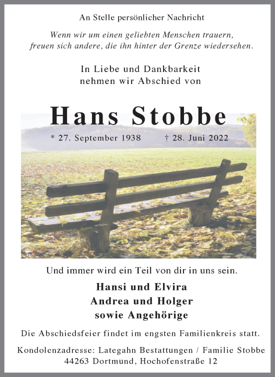 Traueranzeige von Hans Stobbe 