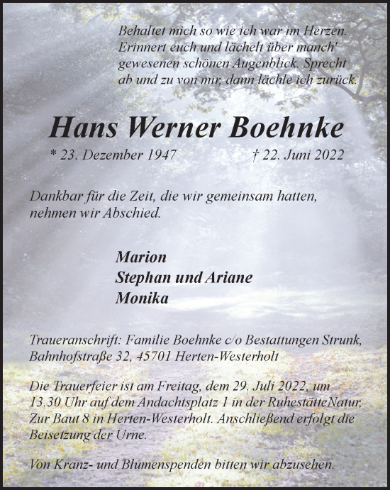 Traueranzeige von Hans Werner Boehnke von Medienhaus Bauer
