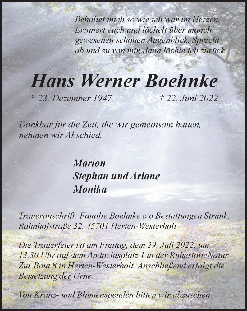  Traueranzeige für Hans Werner Boehnke vom 15.07.2022 aus Medienhaus Bauer
